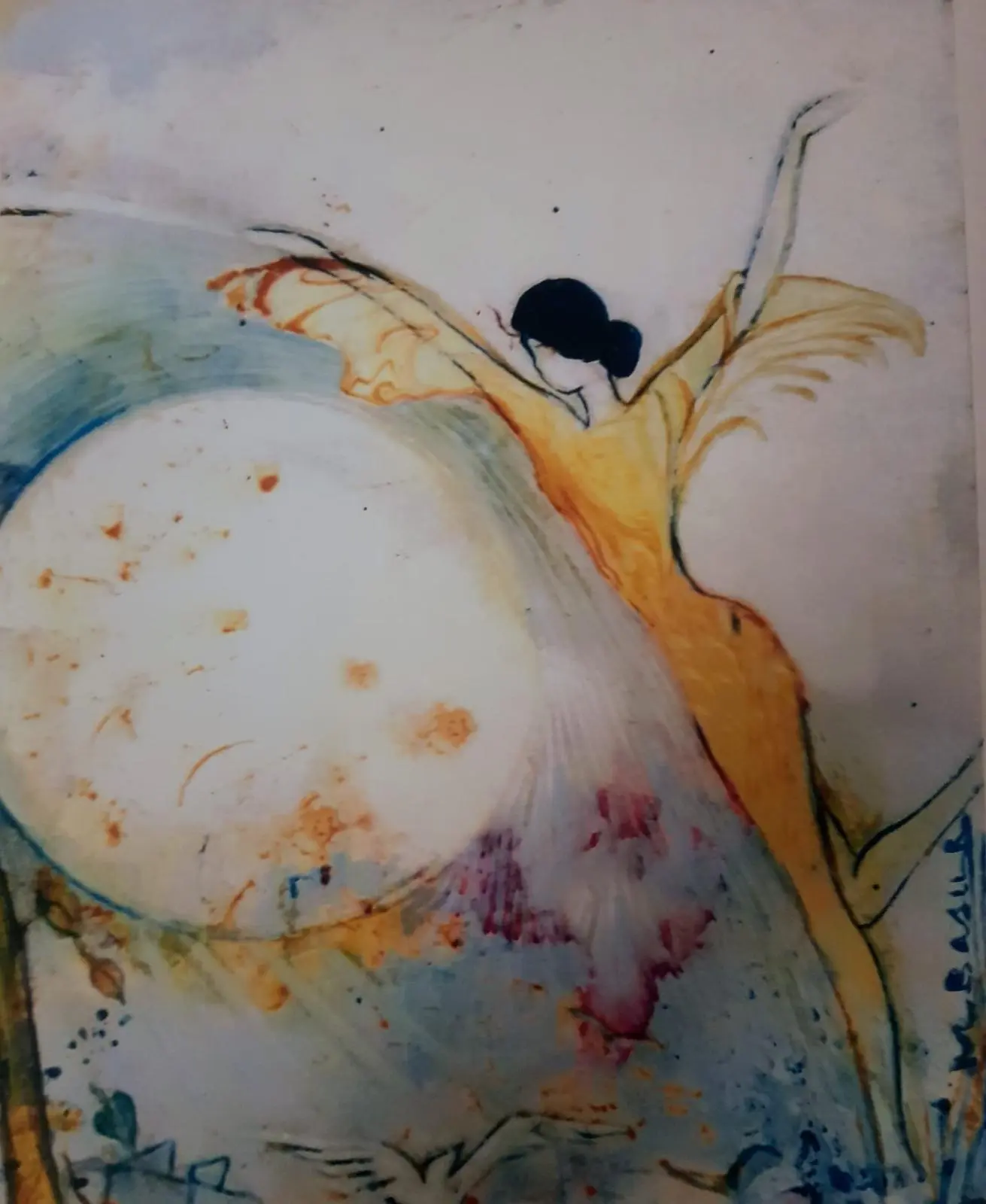 Expressive figurative painting in pale gold, cream and blue